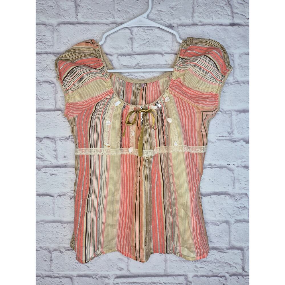 Vintage Vago Y2K Boho Chic Striped Blouse Top XL Sequin Shell Lace Cap Sleeve.